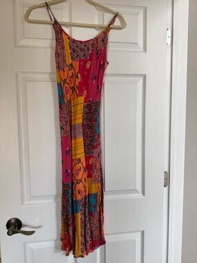 Patchwork Floral Spaghetti Strap Maxi Dress - Pink & Yellow